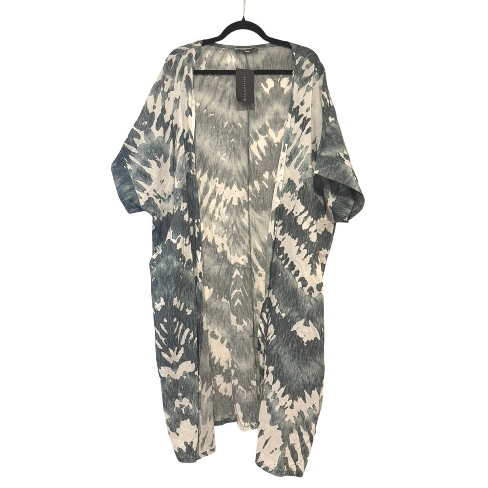Bryn Walker sz XL kimono short sleeve open front grey/white cotton lagenlook O